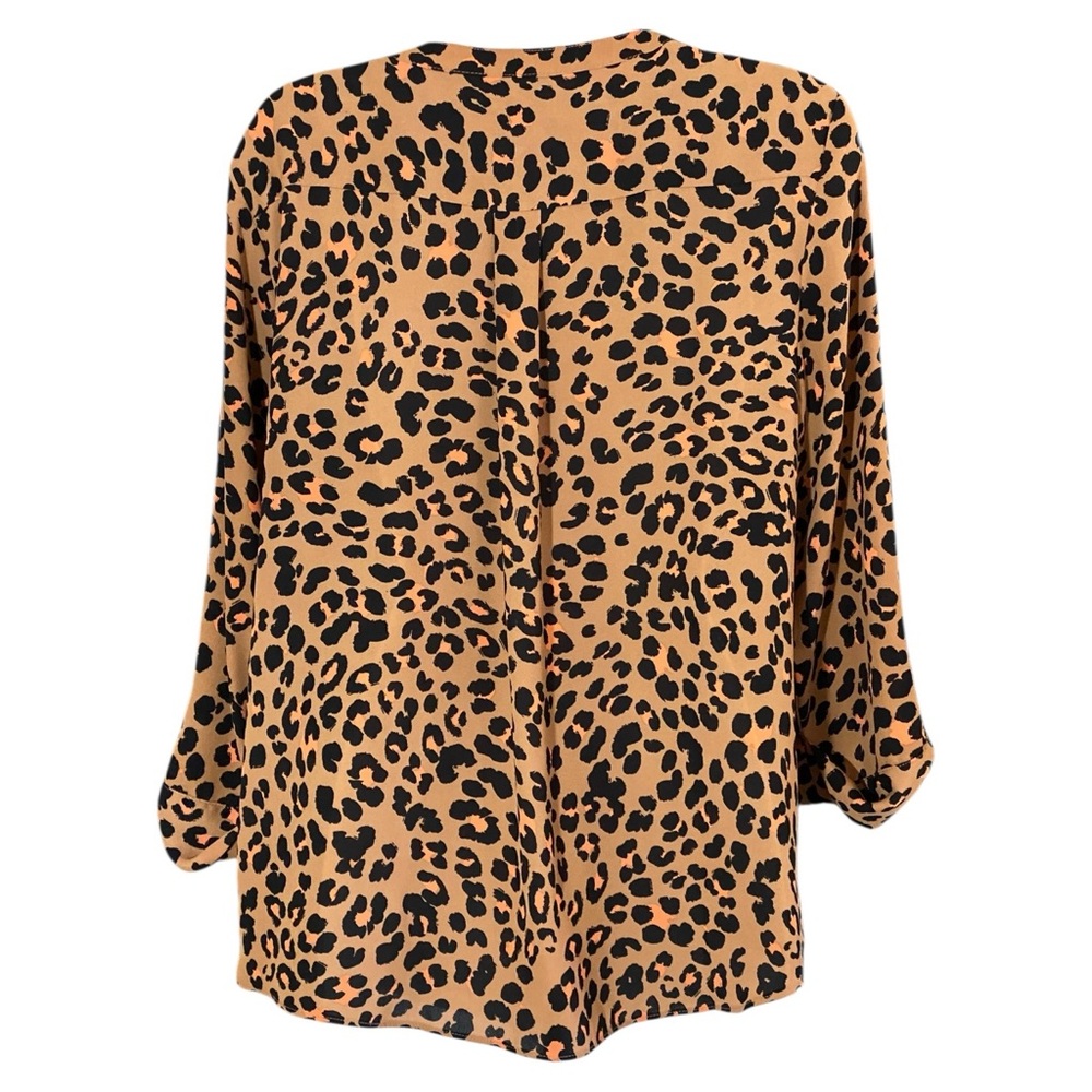 Leopard Print Blouse L V Neck Roll Tab Sleeve Animal Print Mob Wife Office Siren - Picture 7 of 9